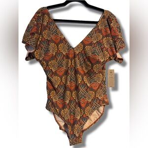 Albion Asymmetrical Flutter Short Sleeve Swimsuit in Gold, Orange and Grey